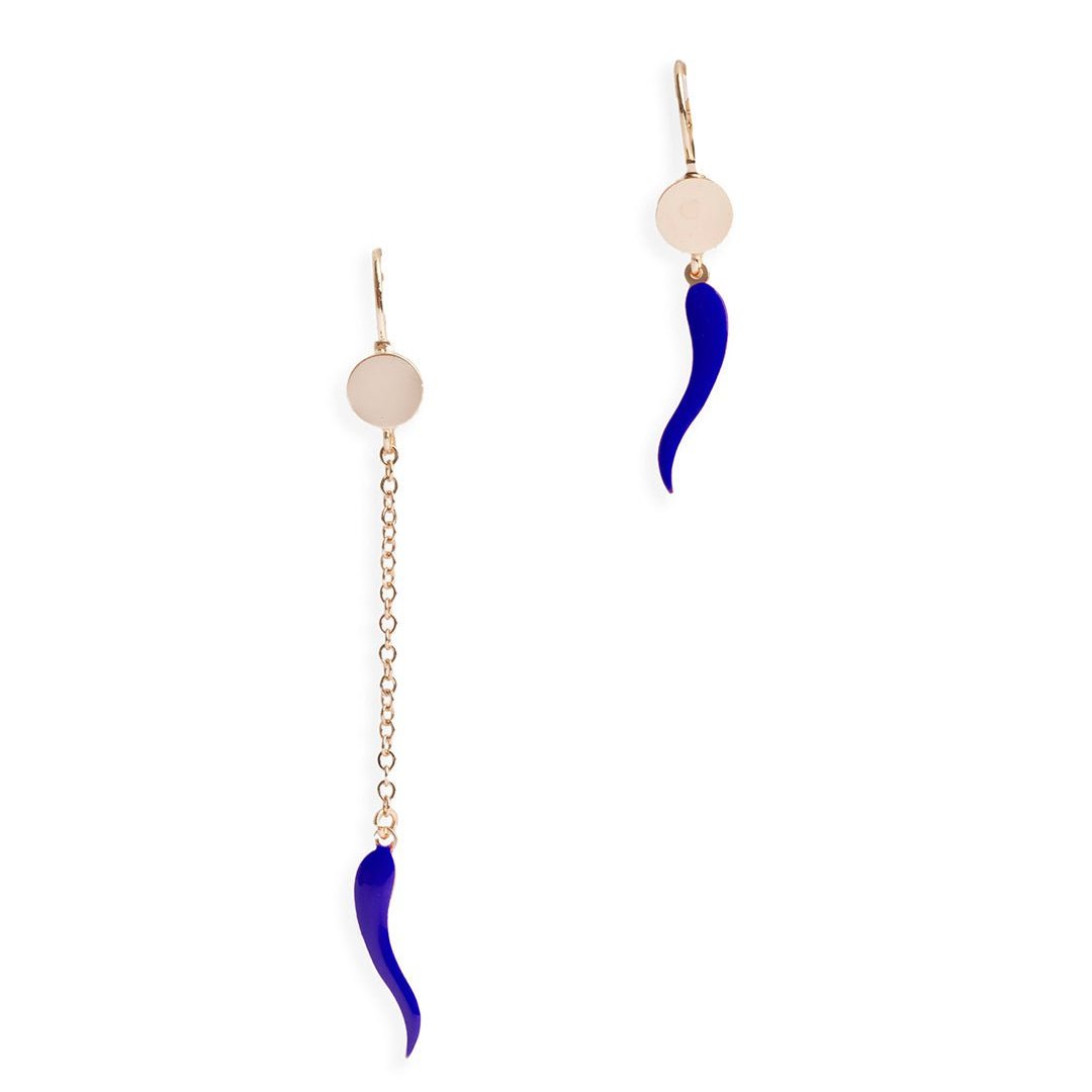 Orecchini a catena pendenti con corno smaltati blu - Mya Accessories