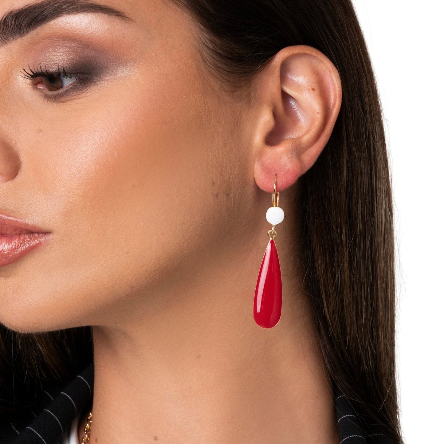 Orecchini pendenti a forma di goccia smaltati bianchi e rossi - Mya Accessories