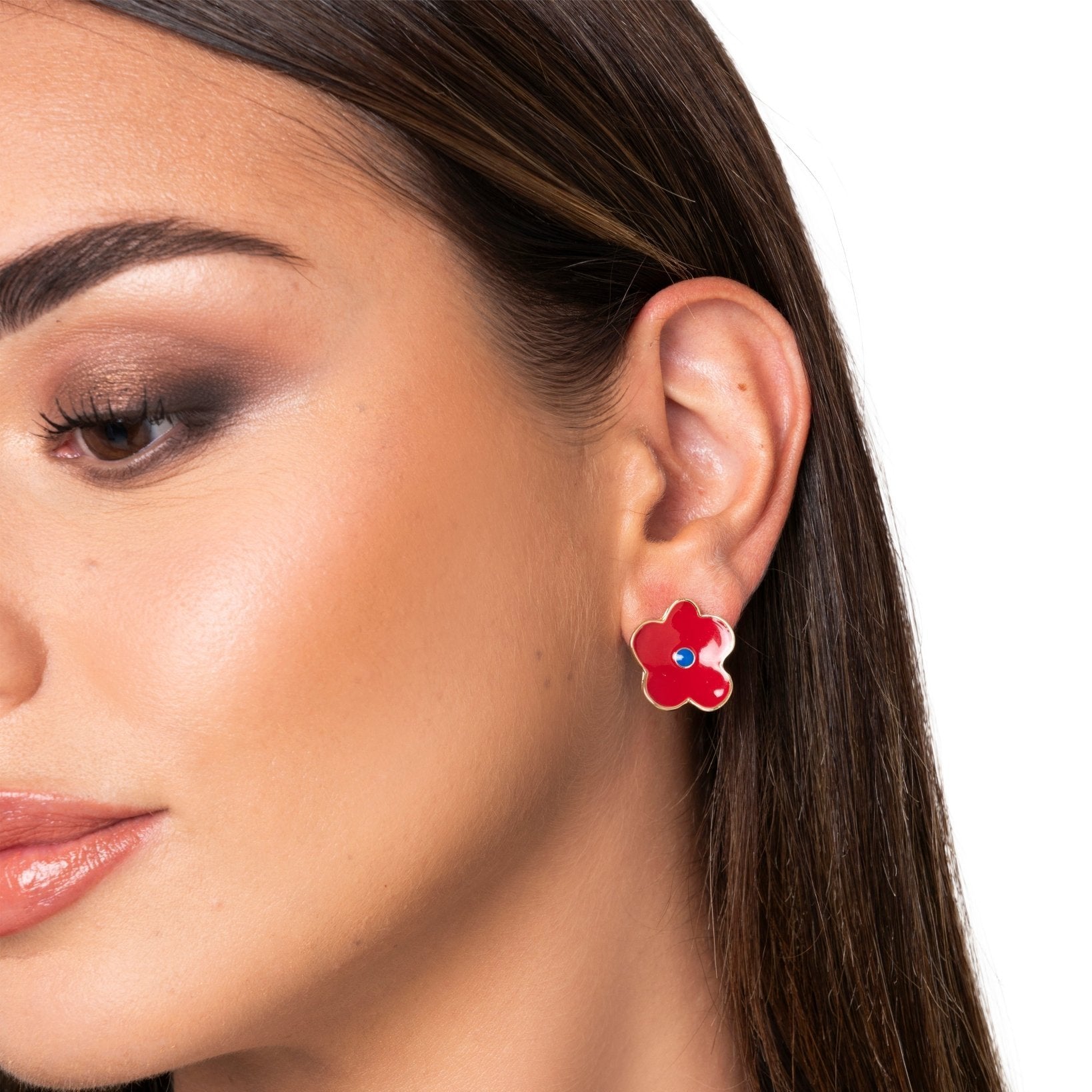 Orecchini in metallo con fiore smaltato blu e rosso - Mya Accessories