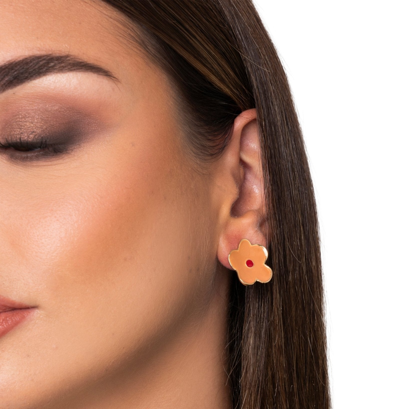 Orecchini in metallo con fiore smaltato rosso e beige - Mya Accessories