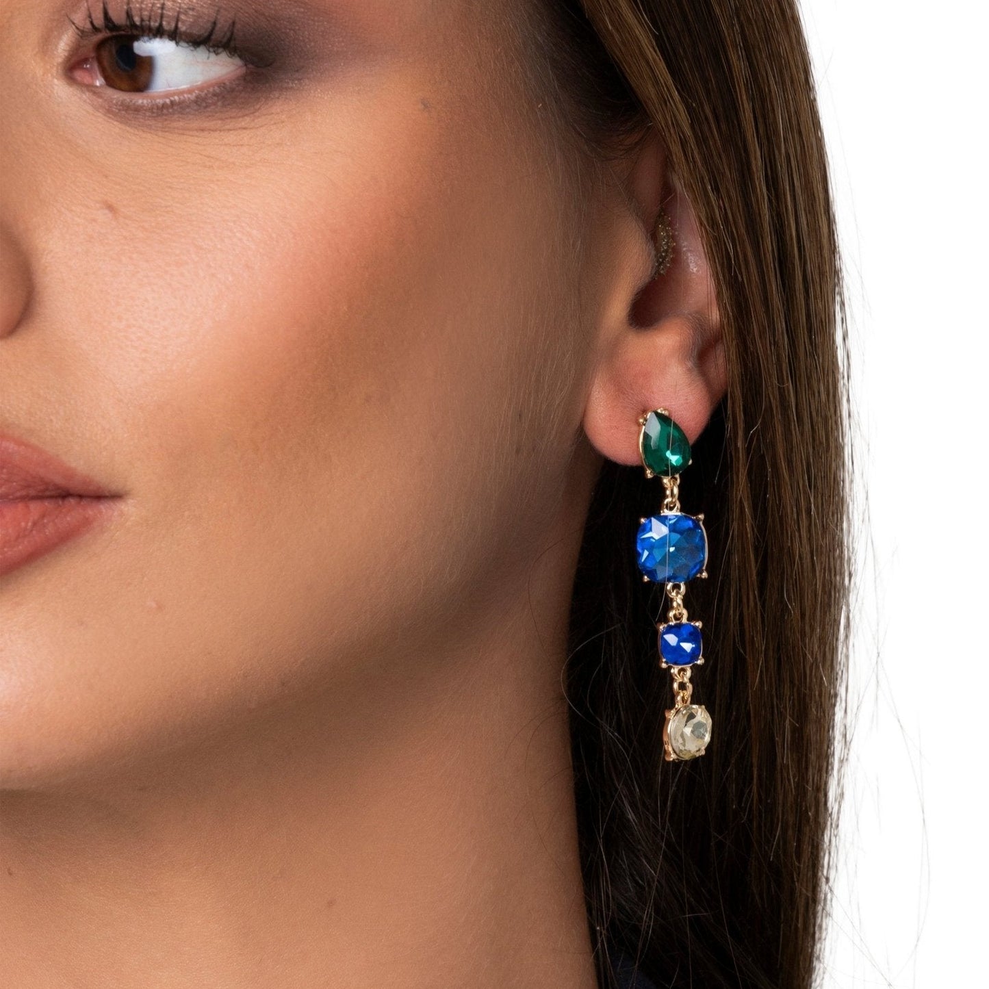 Orecchini pendenti in metallo con quattro pietre in vetro multi blu - Mya Accessories