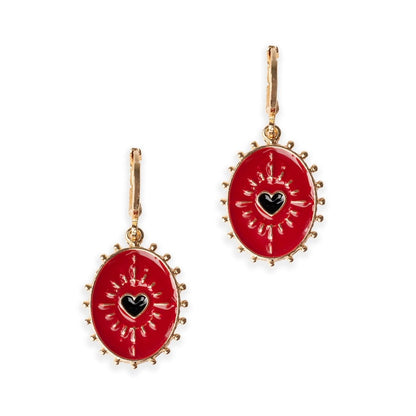 Orecchini pendenti con medaglietta ovale smaltata rossa - Mya Accessories