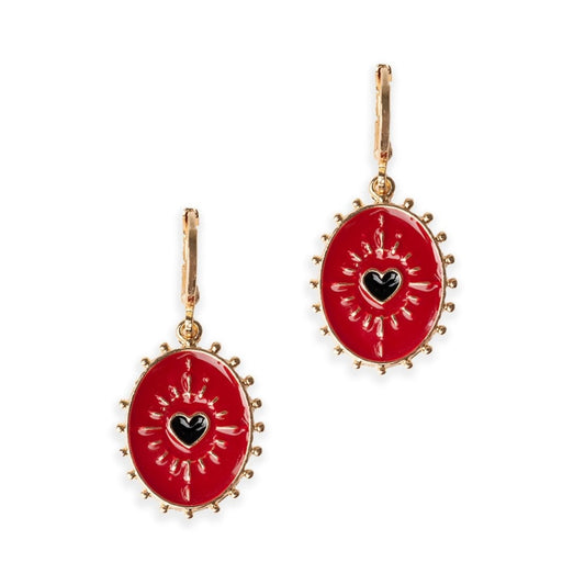 Orecchini pendenti con medaglietta ovale smaltata rossa - Mya Accessories