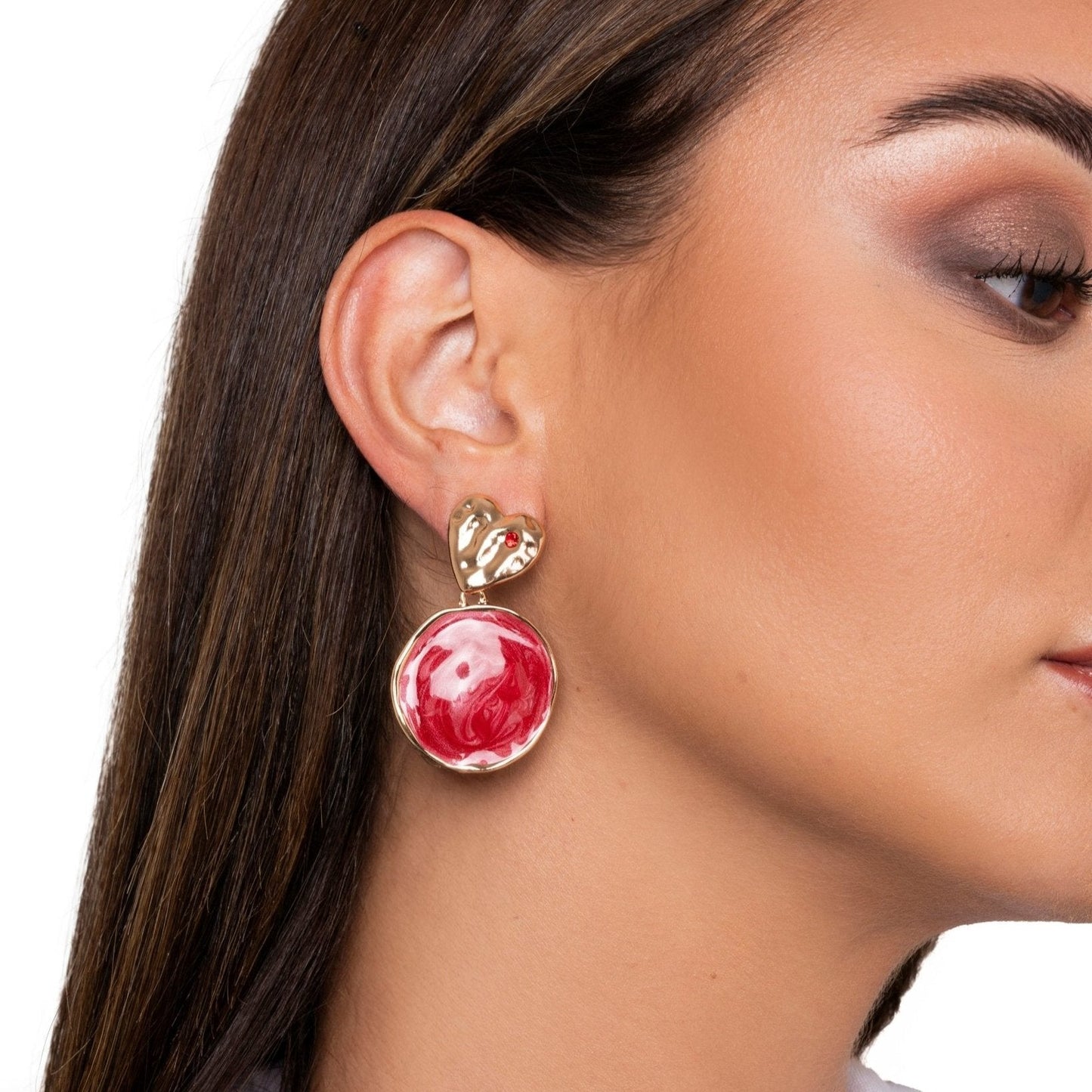 Orecchini pendenti placchetta cuore cerchio marmorizzato rosso - Mya Accessories