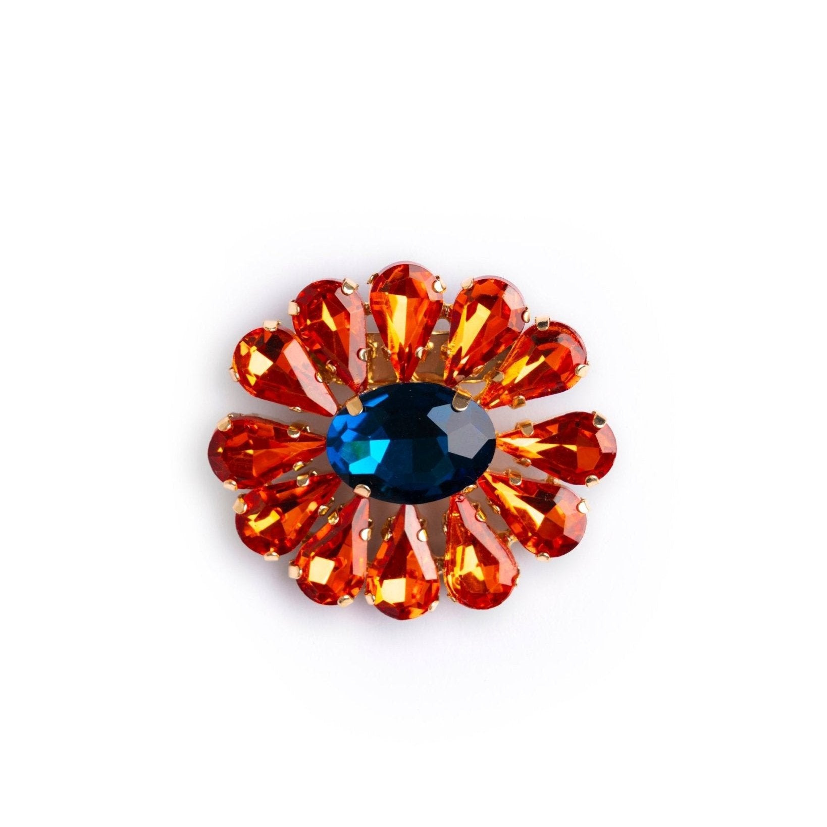 Spilla in metallo a forma di fiore con pietre in vetro arancio e blu - Mya Accessories