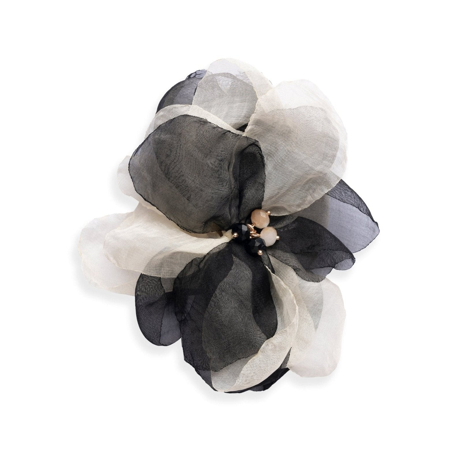 Spilla a forma di fiore in tessuto nero e crema - Mya Accessories