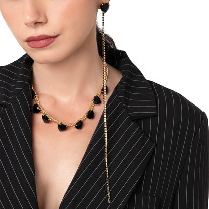 Orecchini lunghi a filo di strass con pietra a cuoricino in vetro neri - Mya Accessories