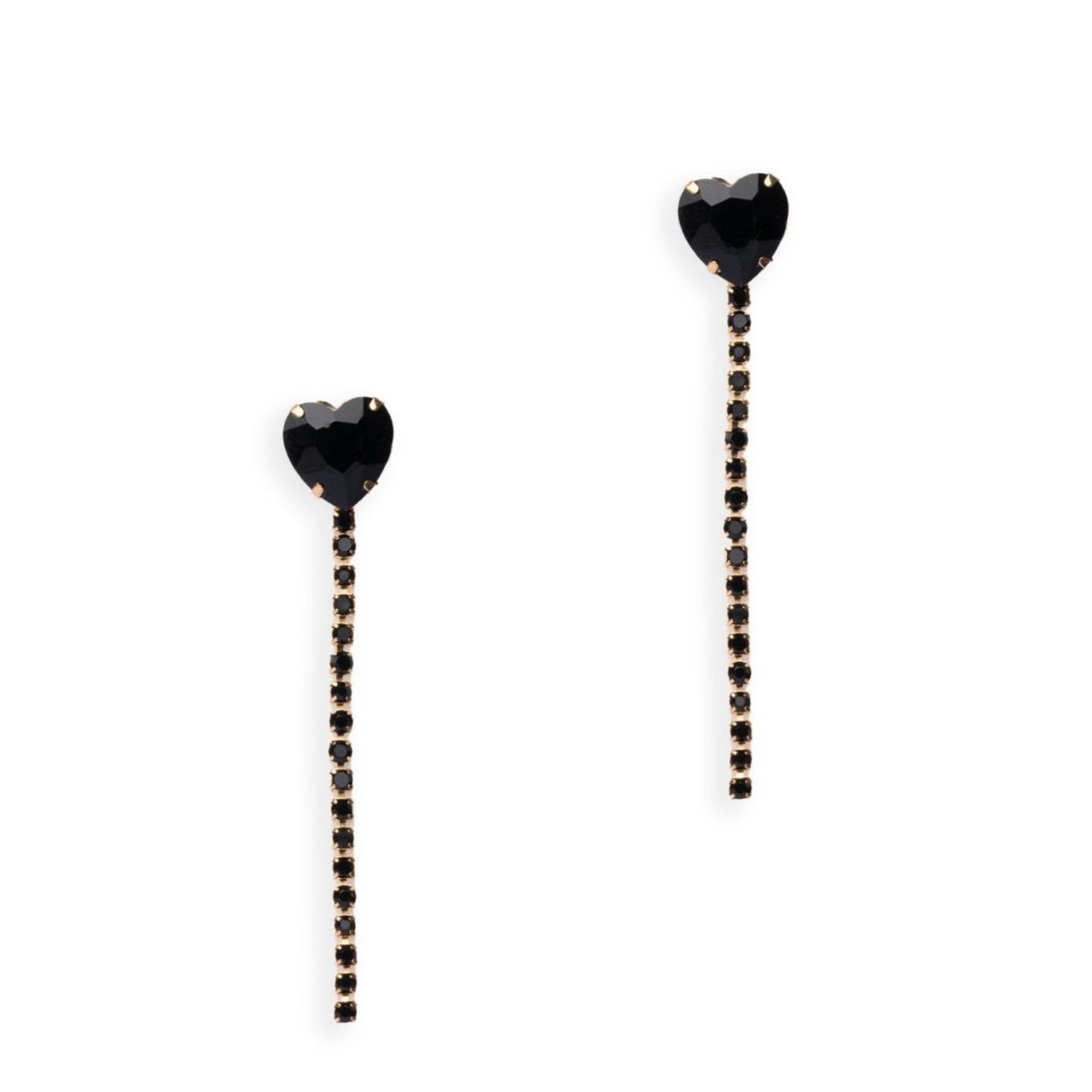 Orecchini lunghi con filo di strass e cuore in vetro nero - Mya Accessories