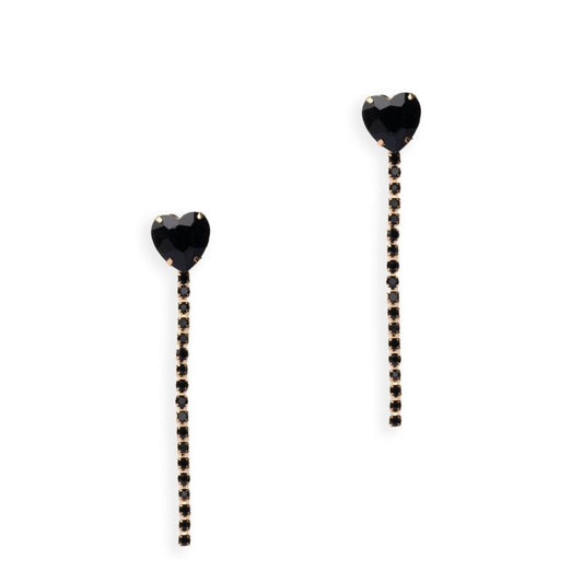 Orecchini lunghi con filo di strass e cuore in vetro nero - Mya Accessories