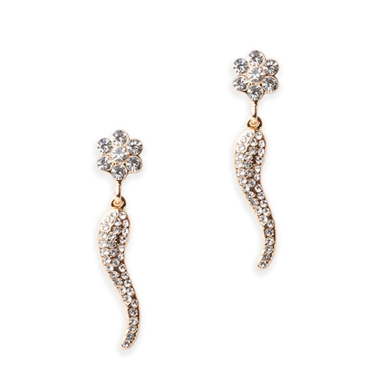Orecchini pendenti in metallo con fiore e corno strass crystal - Mya Accessories