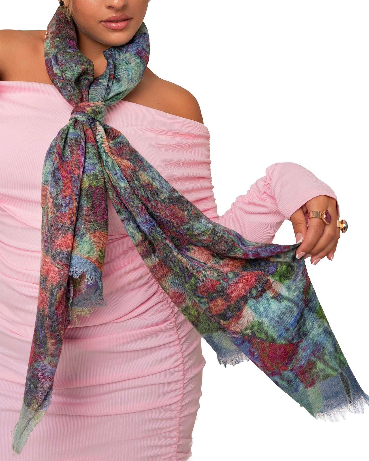 Sciarpa in pura lana con stampe astratte multicolore