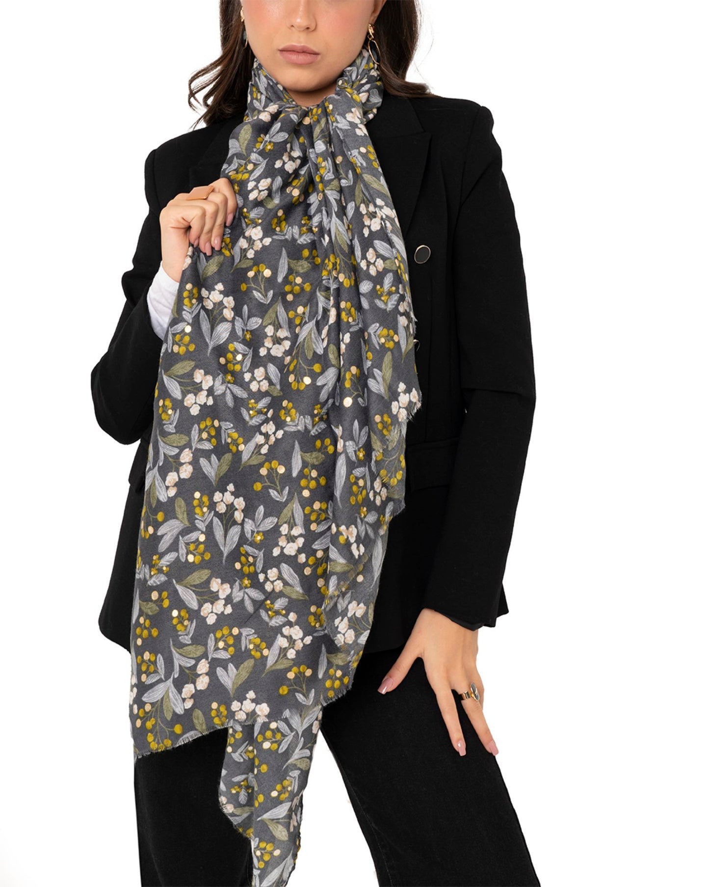 Sciarpa misto cotone grigia con stampa con fiori