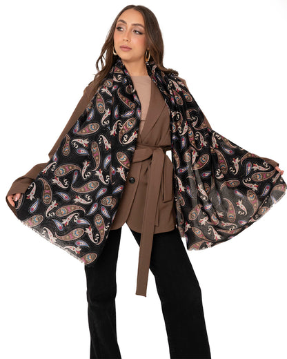 Sciarpa misto cotone nera con stampa paisley