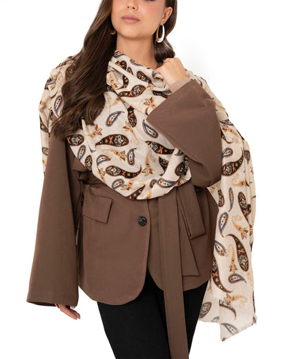 Sciarpa misto cotone beige con stampa paisley