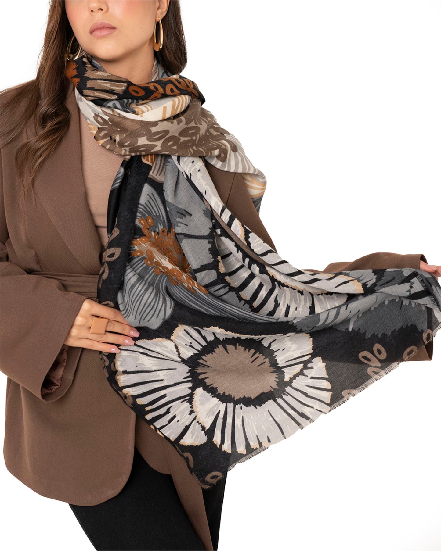 Sciarpa misto cotone nera con stampa floreale