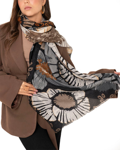 Sciarpa misto cotone nera con stampa floreale