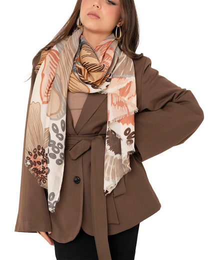 Sciarpa misto cotone beige con stampa floreale