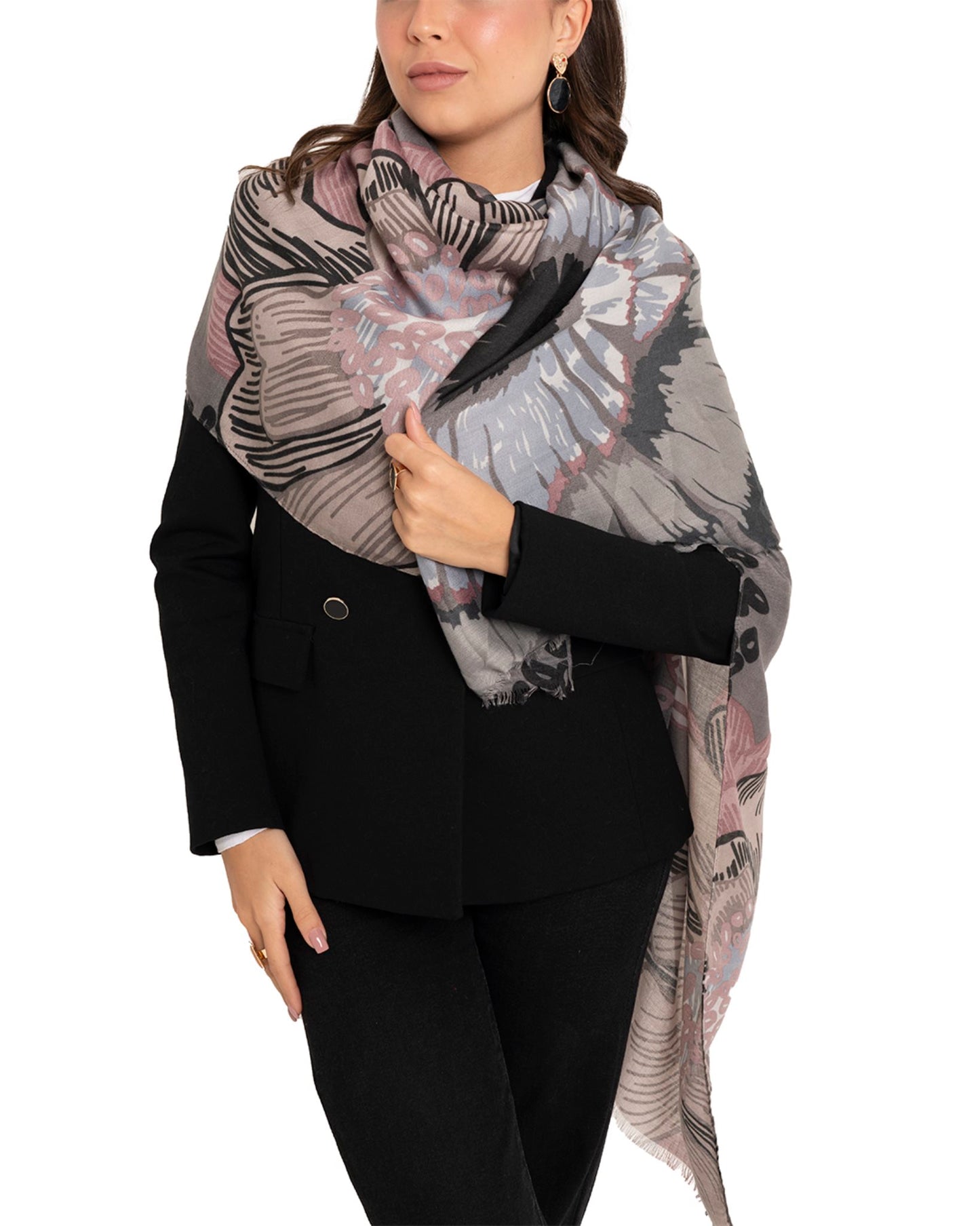 Sciarpa misto cotone grigia con stampa floreale