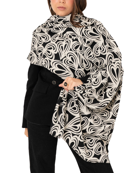 Sciarpa misto lana nera con stampa a cuori bianchi