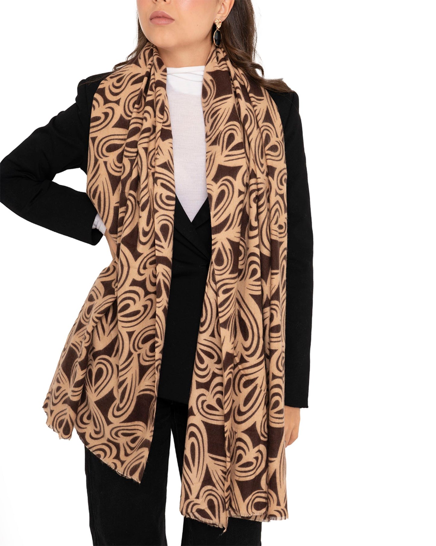 Sciarpa misto lana marrone con stampa a cuori beige