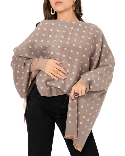 Sciarpa misto lana double face marrone e beige con stampa a fiorellini