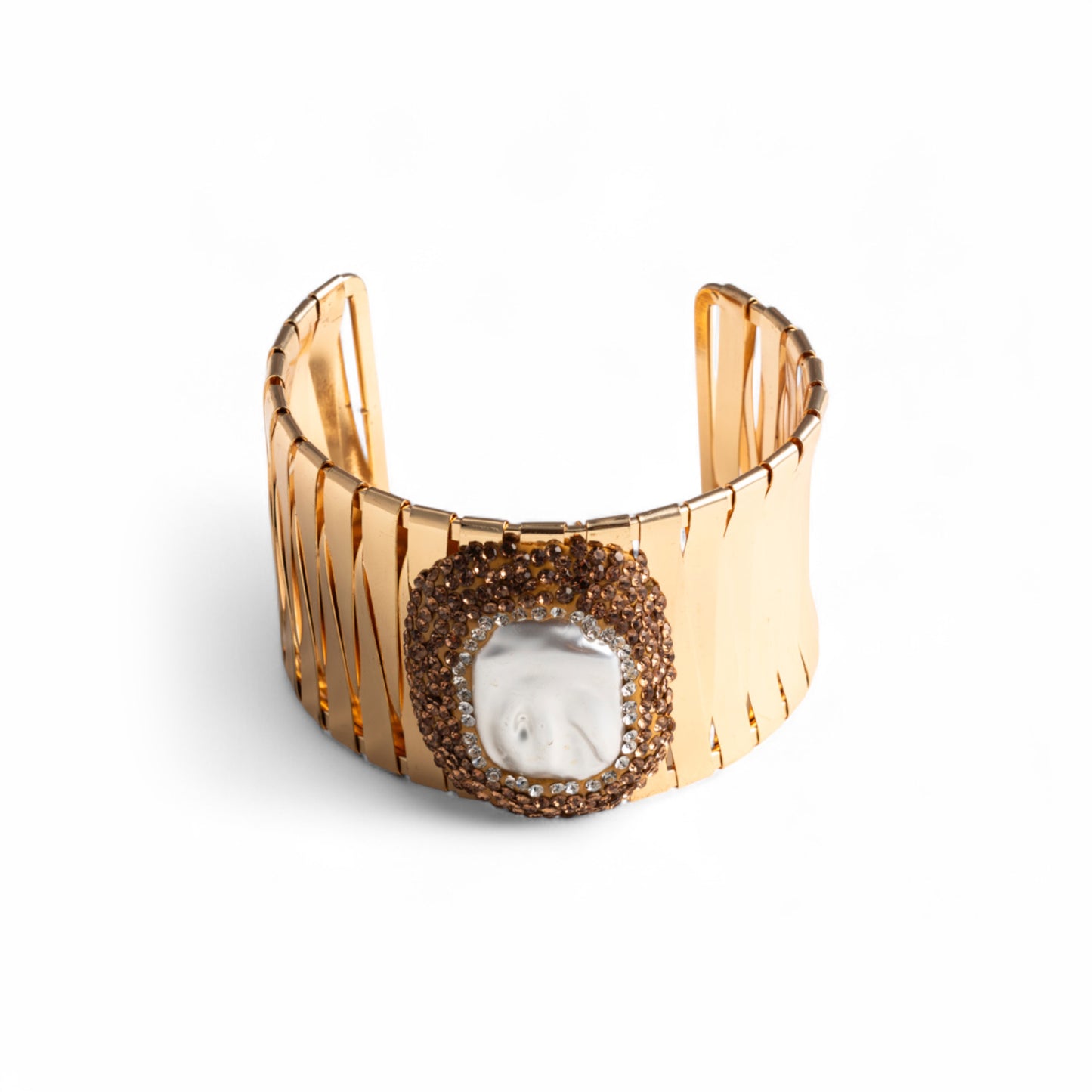 Bracciale rigido cuff in metallo con microcristalli in vetro e perla