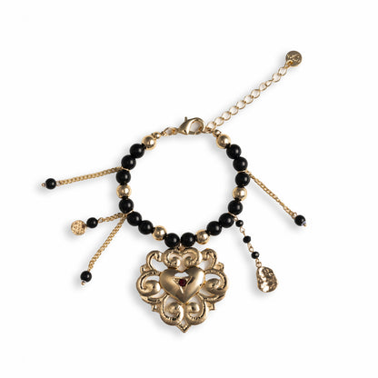 Bracciale con pietre in acrilico nere, con pendente a cuore