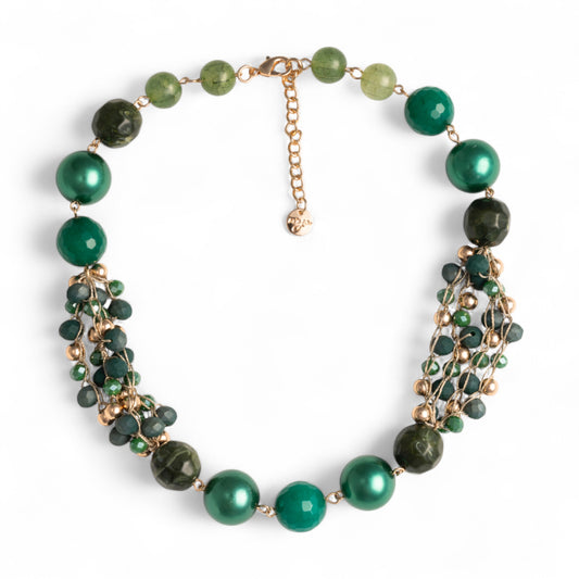 Collana girocollo con pietre in vetro ed acrilico tono verde