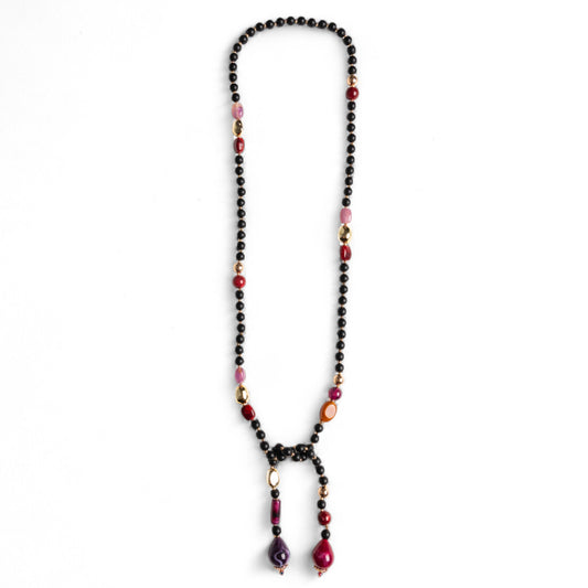 Collana lunga con sfere in vetro nere e multi