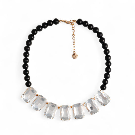 Collana girocollo con sfere nere e pietre in vetro crystal