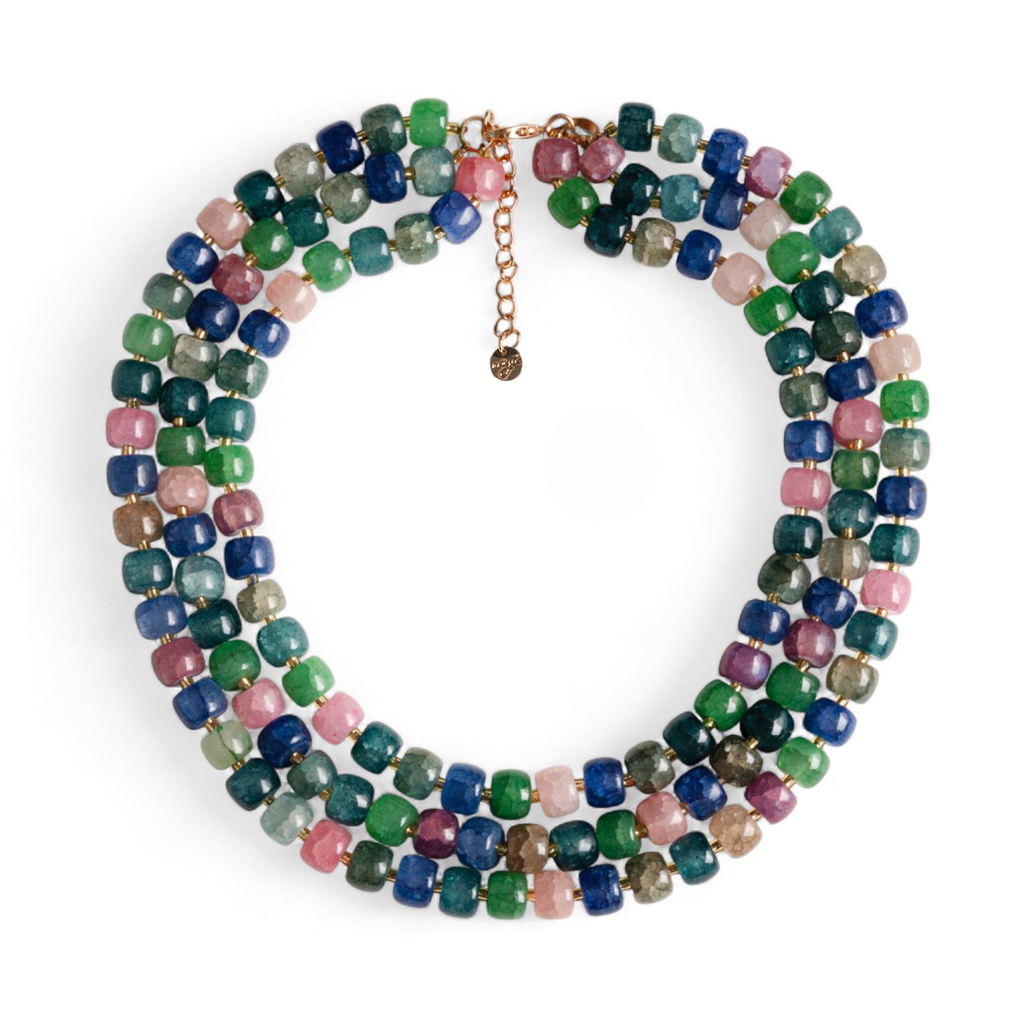 Collana girocollo multi filo con pietre circolari in vetro multicolore