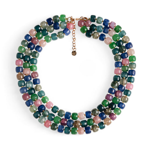 Collana girocollo multi filo con pietre circolari in vetro multicolore