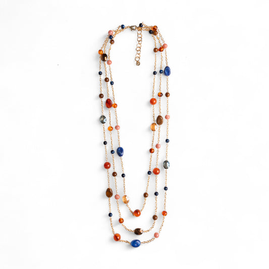 Collana lunga multifilo a catena con pietre in acrilico e vetro multi blu