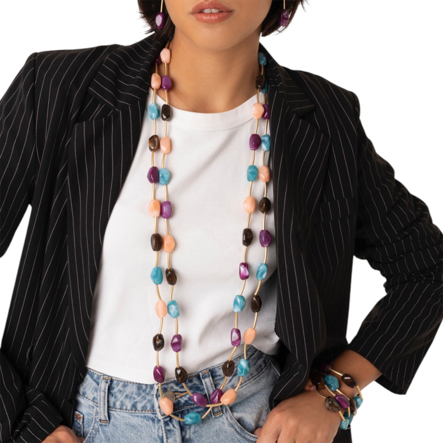 Collana lunga a due fili con pietre in acrilico multi viola