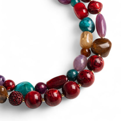 Collana girocollo doppio filo con pietre in vetro ed acrilico multi rosse