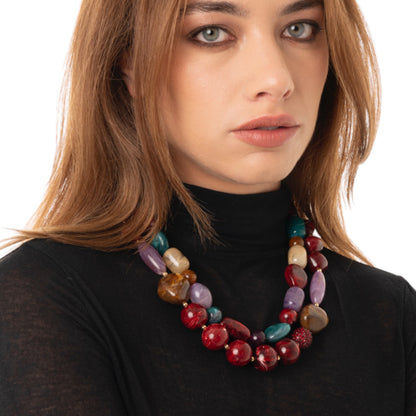 Collana girocollo doppio filo con pietre in vetro ed acrilico multi rosse