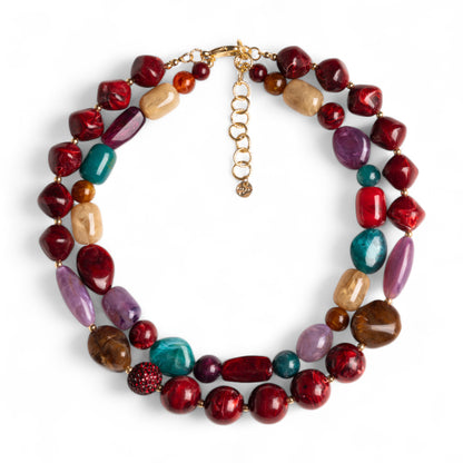Collana girocollo doppio filo con pietre in vetro ed acrilico multi rosse