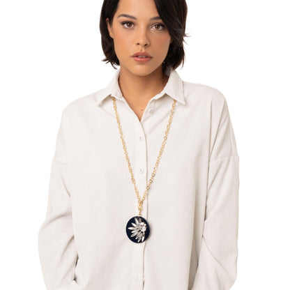 Collana lunga a catena con pendente circolare in acrilico nero e pietre in vetro crystal