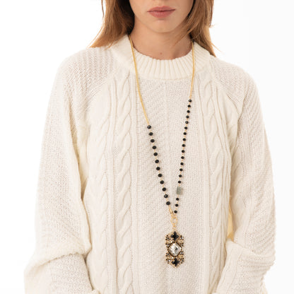 Collana lunga a catena con pendente in vetro nero e grigio