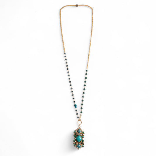 Collana lunga a catena con pendente in vetro verde petrolio