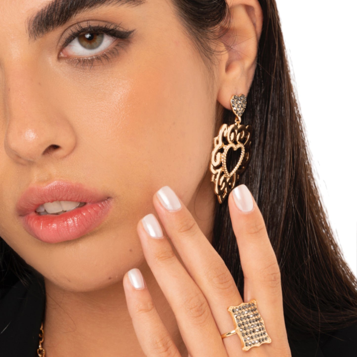 Anello regolabile in metallo a base quadrata con pietre in vetro grigie