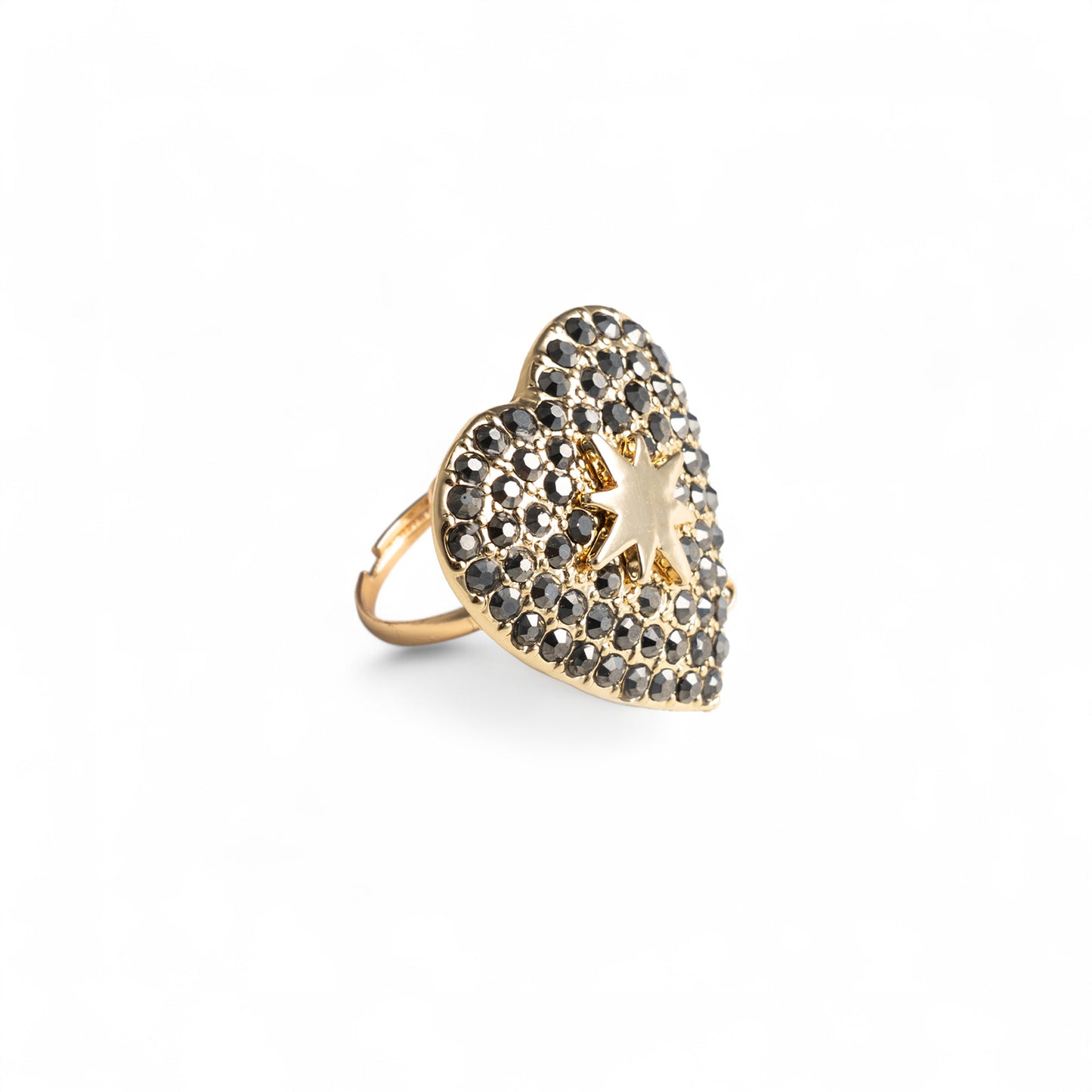 Anello regolabile in metallo con base a cuore, con pietre in vetro grigie