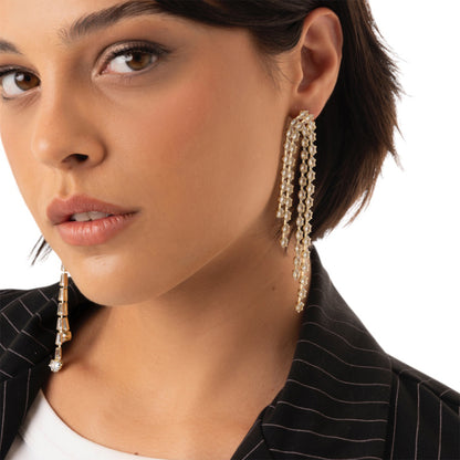 Orecchini pendenti a cascata di fili in metallo con pietre in vetro crystal