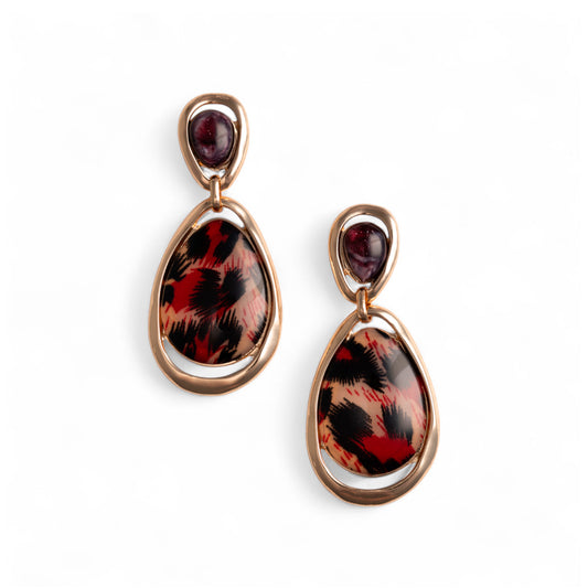 Orecchini pendenti in metallo con doppia pietra in acrilico animalier rossa