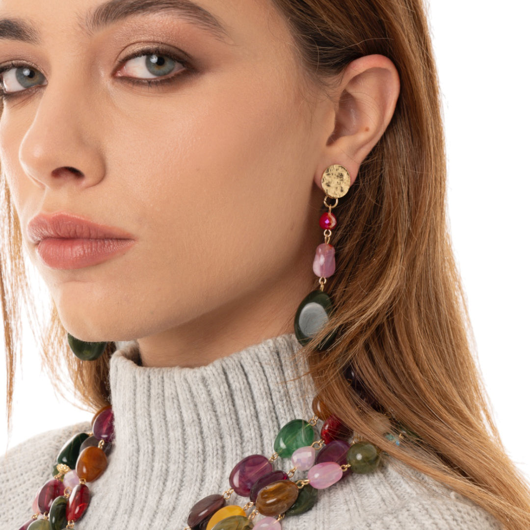 Orecchini pendenti con pietre in vetro ed acrilico multicolore