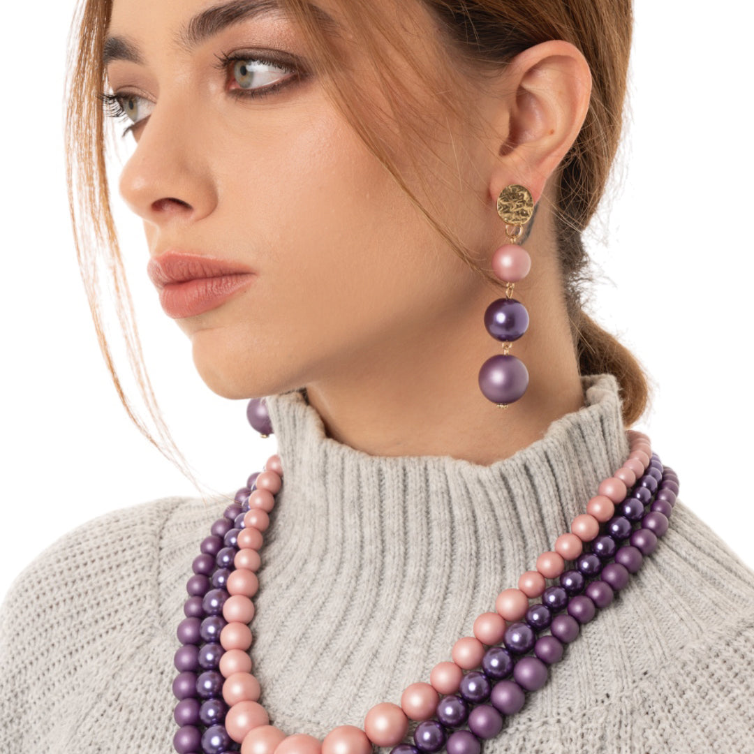 Orecchini pendenti a tre sfere in acrilico tono viola