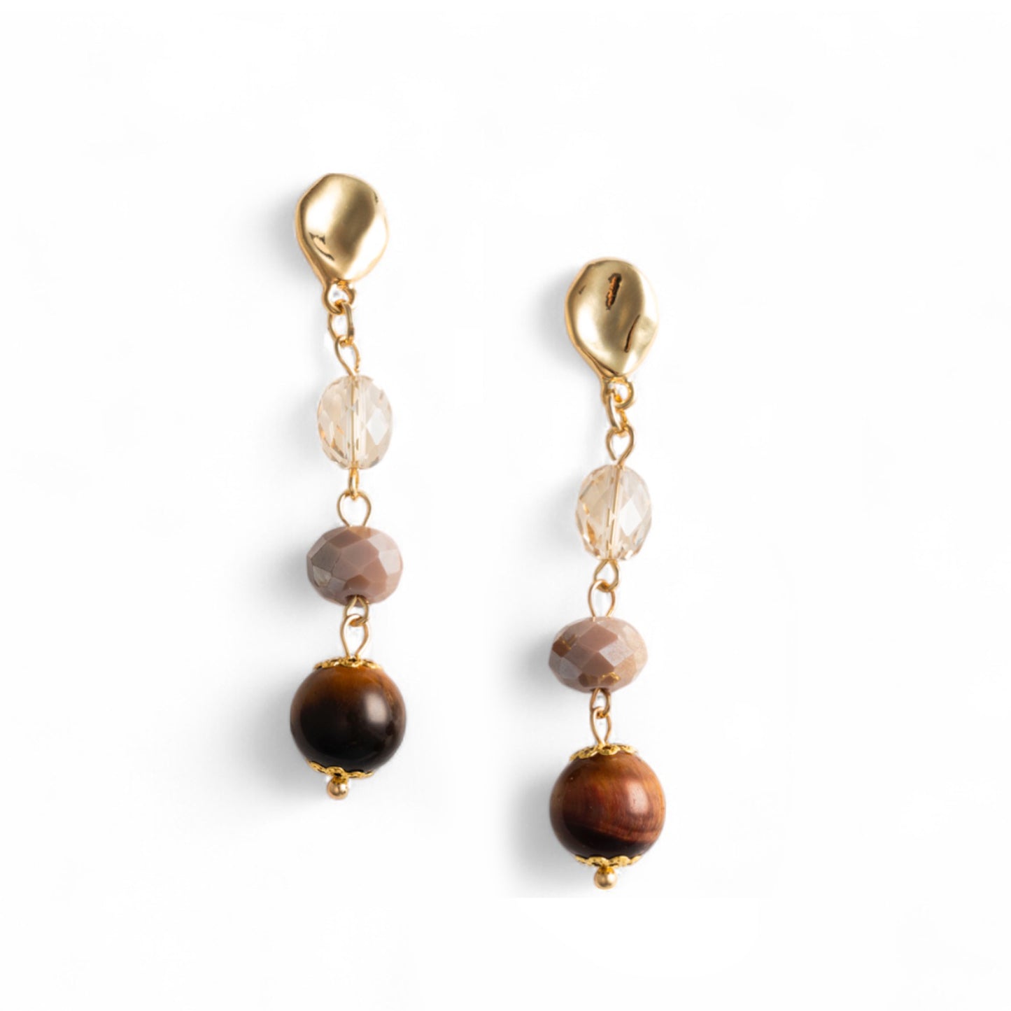 Orecchini pendenti con tre pietre semidure in vetro tono marrone