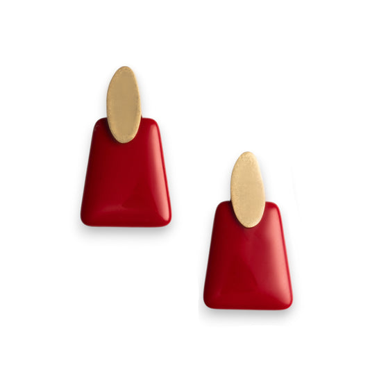 Orecchini con placchetta in metallo e pietra pendente rettangolare in resina rossa
