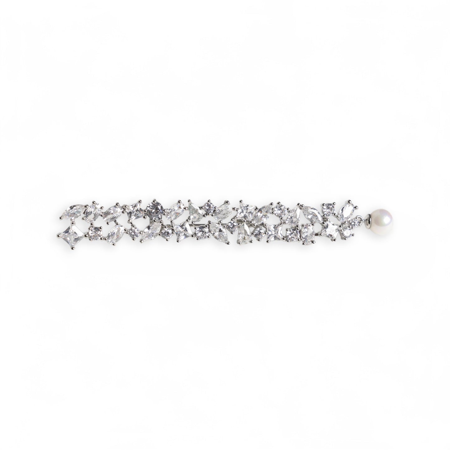 Spilla in metallo design rettangolare con pietre in crystal e perla pendente