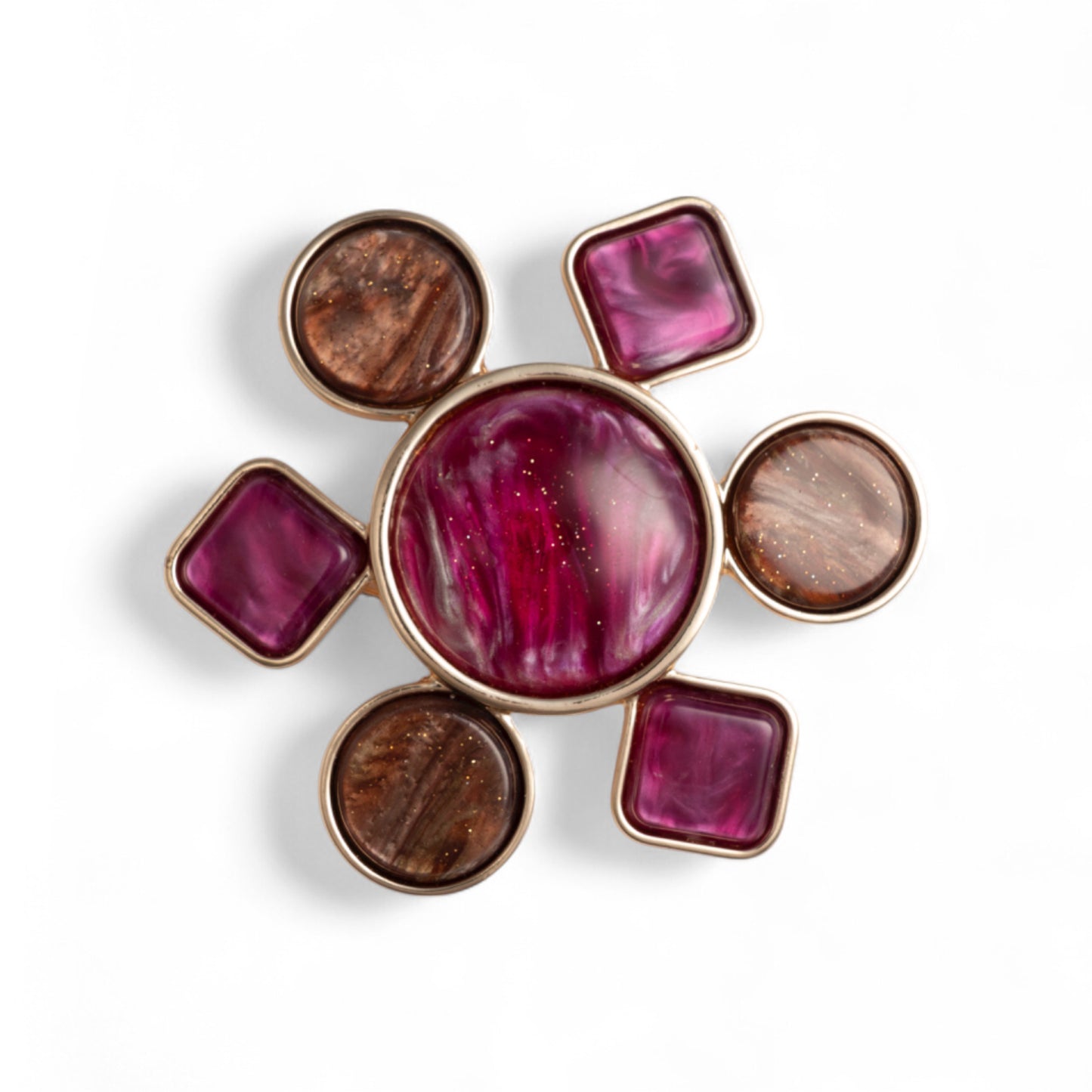 Spilla con base in metallo a forma di fiore geometrico in acrilico tono viola/marrone